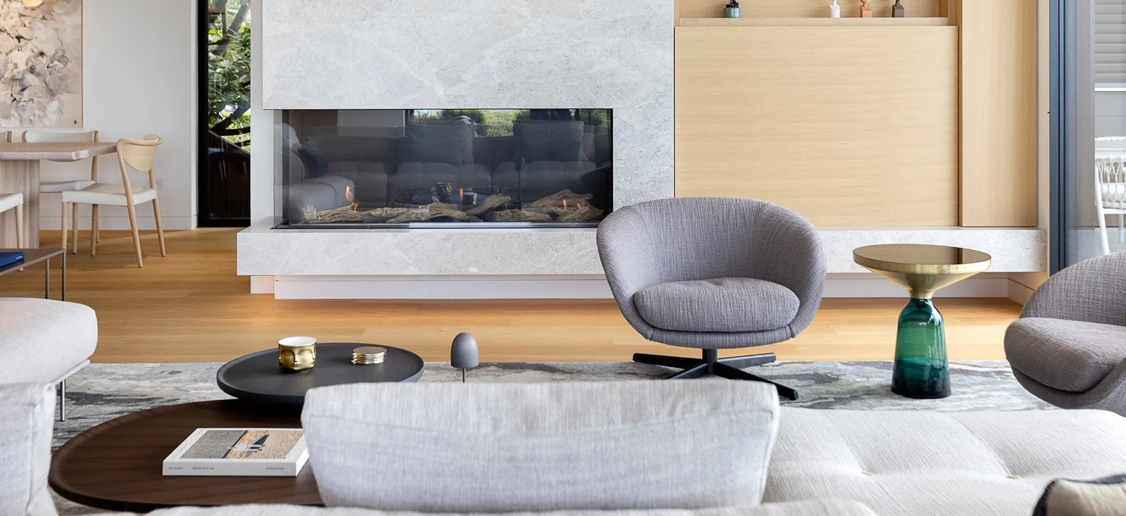 Shoreline, great room with fireplace and millwork