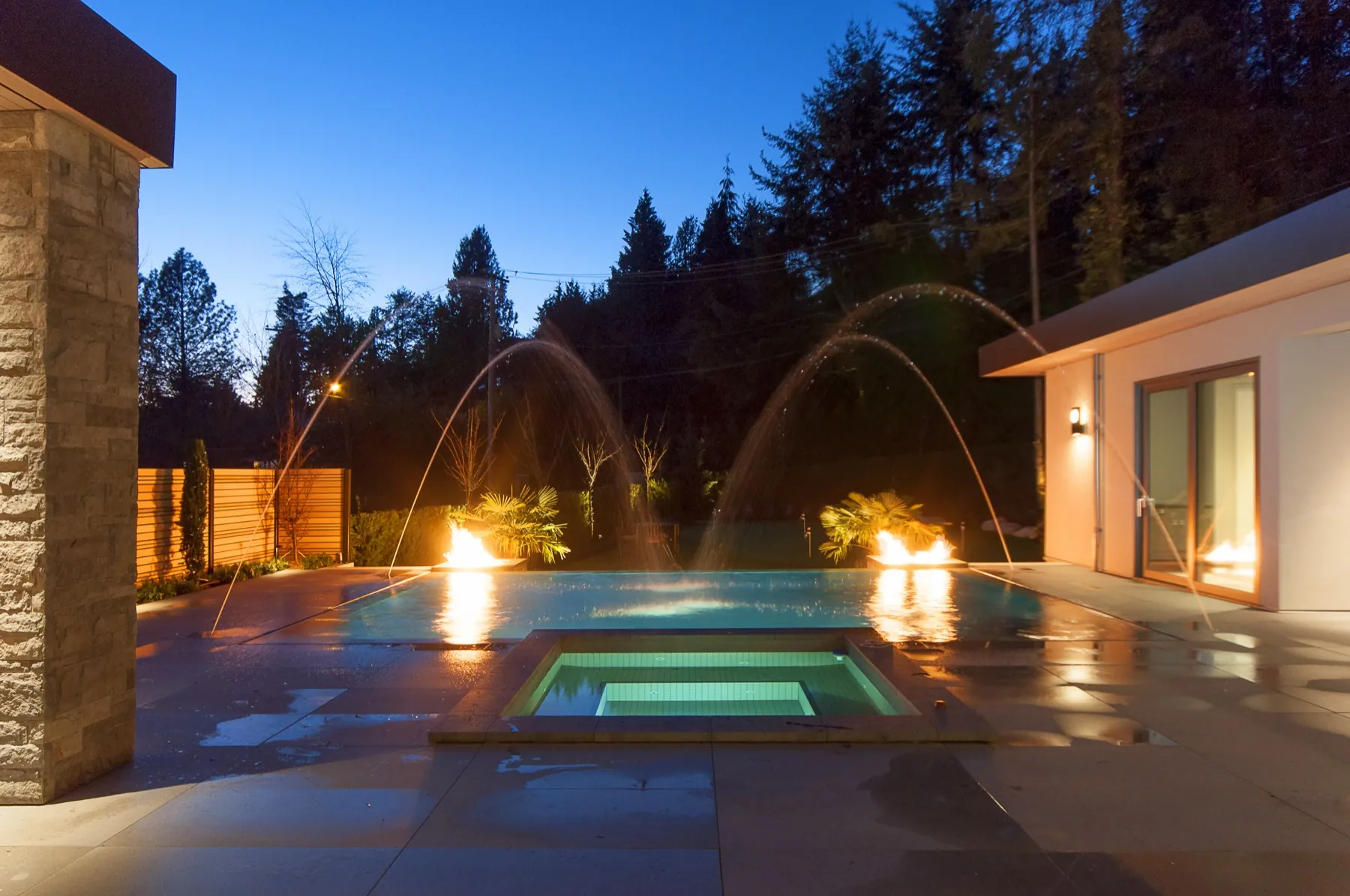 Creekside, Pool fountains twilight