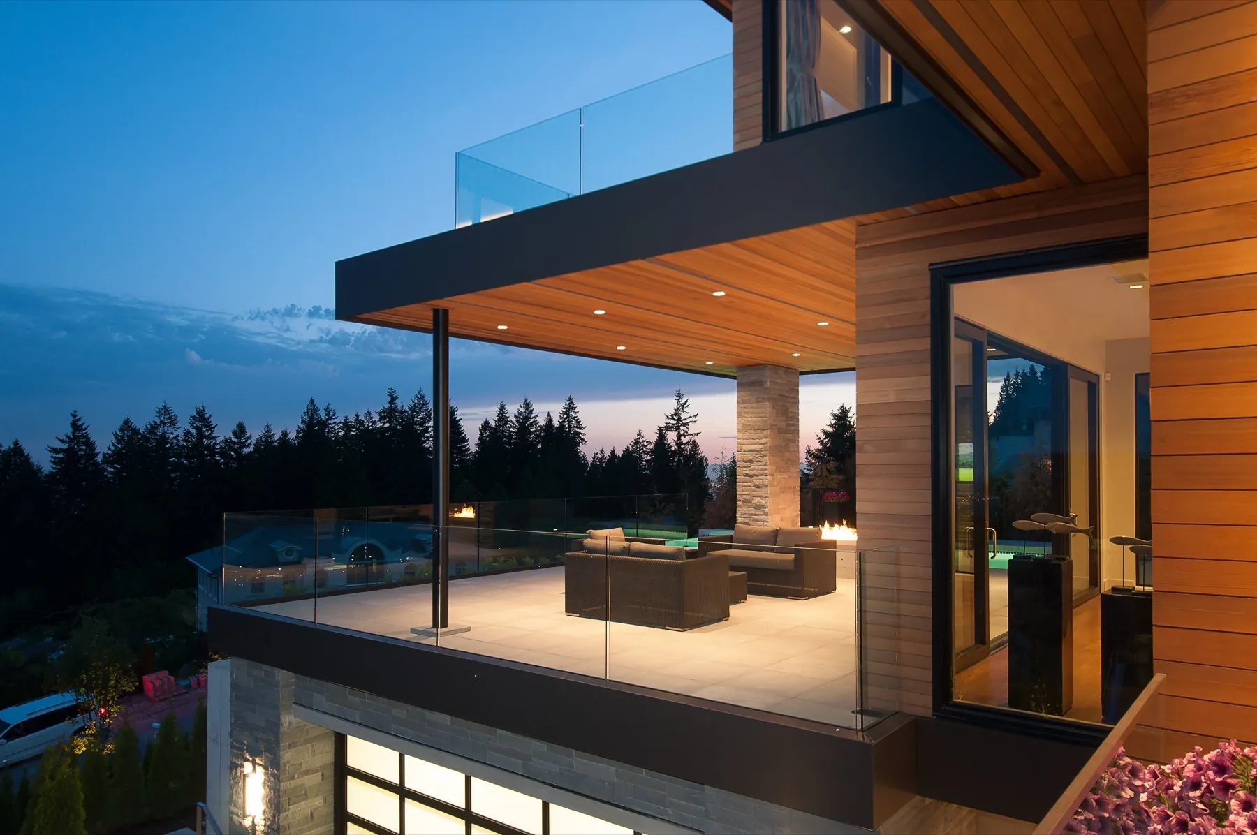 Covered deck at twilight, GD Nielsen custom home