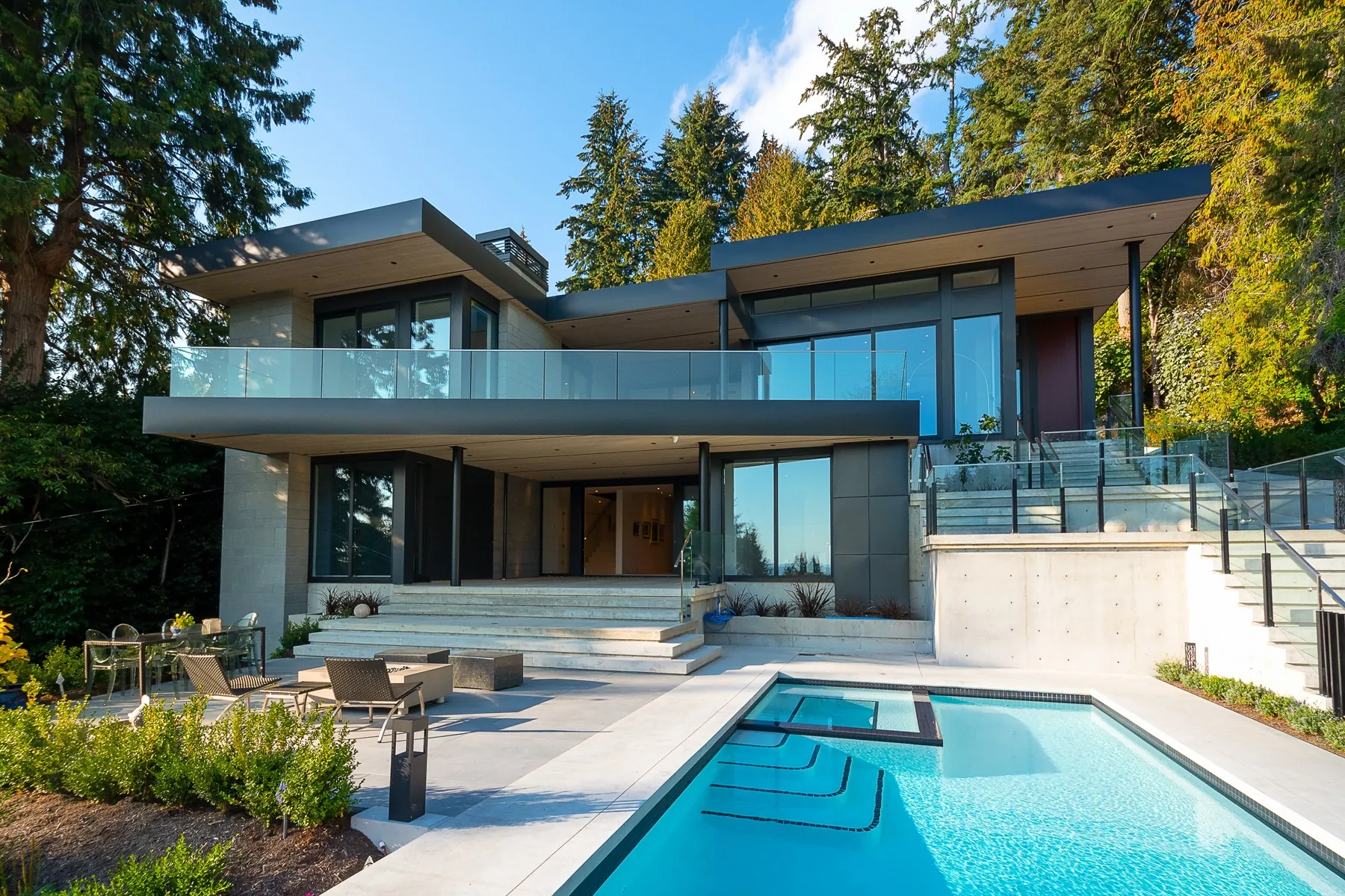 Custom home, rear exterior and pool