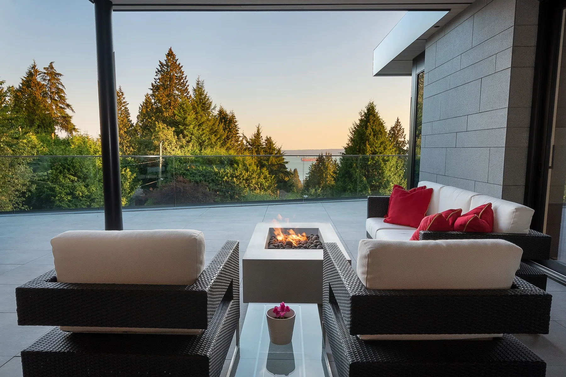 GD Nielsen Homes, covered patio and firepit at twilight