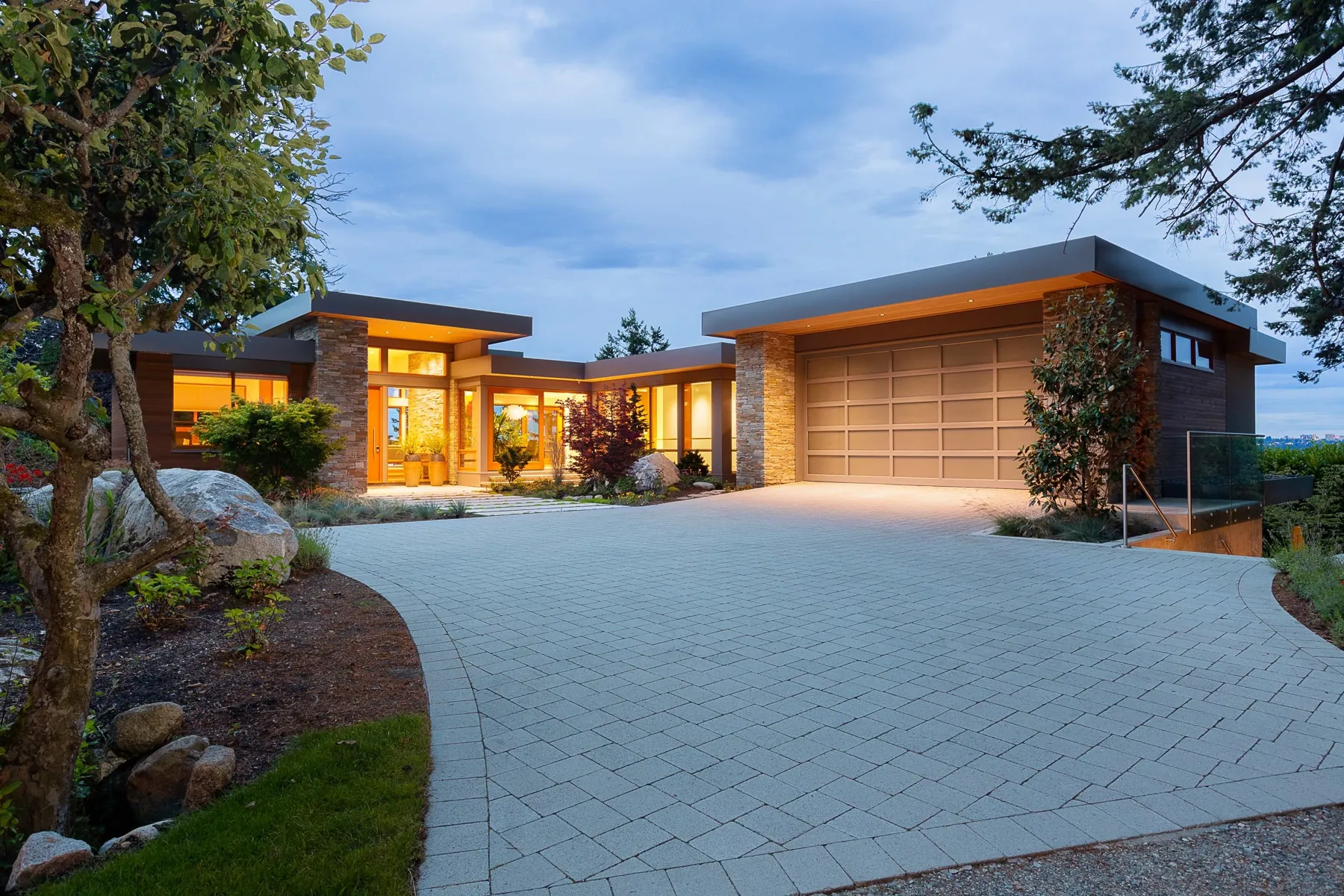 Front exterior at twilight, GD Nielsen custom home